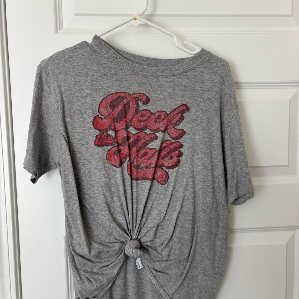 Deck the Halls Christmas Gray Short Sleeve Tee with Red Graphic